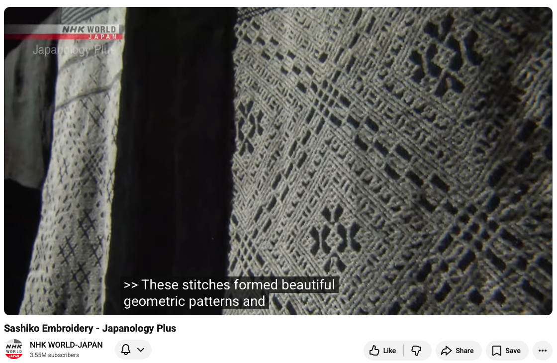 Screenshot of Japanology Plus video about sashiko. Screenshot of Japanology Plus video about sashiko.